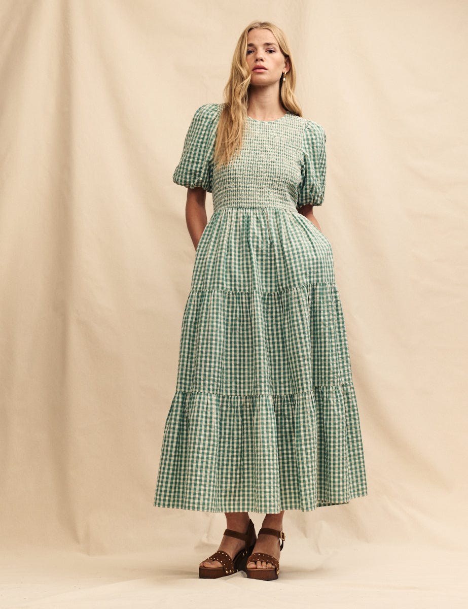 Green Gingham Tiered Midi Dress