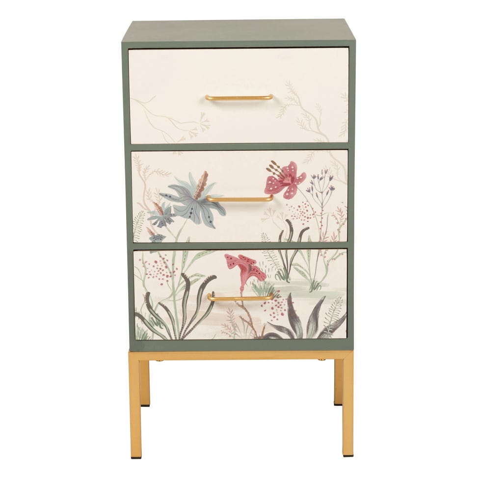 Pequeño mueble de almacenamiento de 3 cajones con flores verde y beige