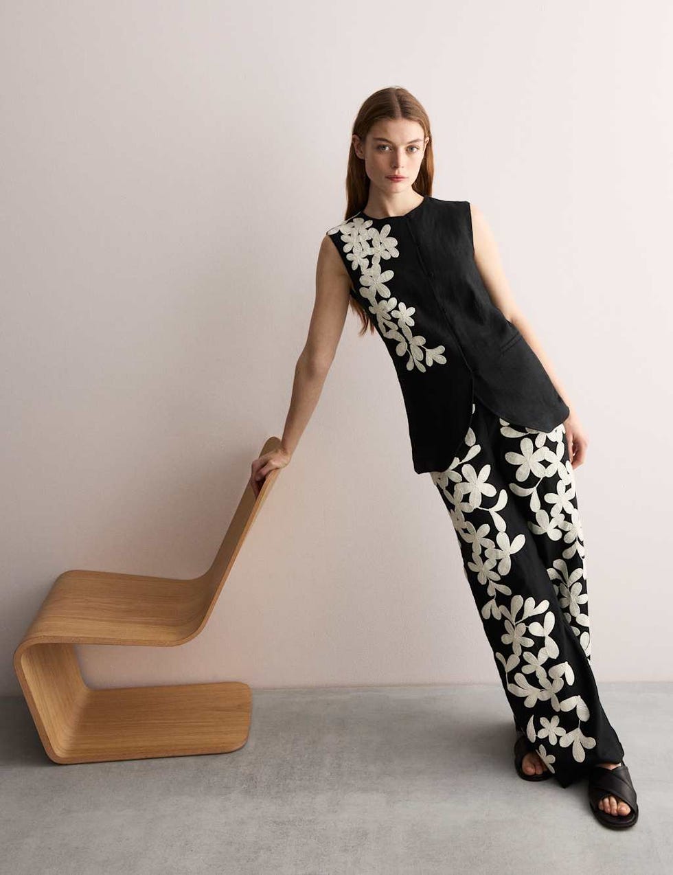 Pure Linen Embroidered Wide-Leg Trousers