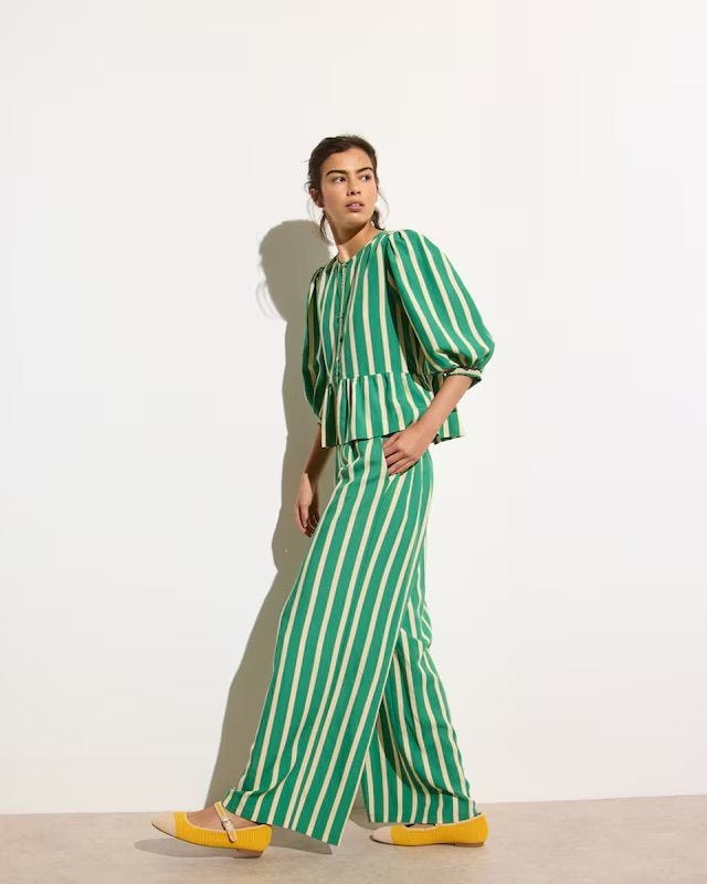 Green & Cream Striped Wide-Leg Trousers