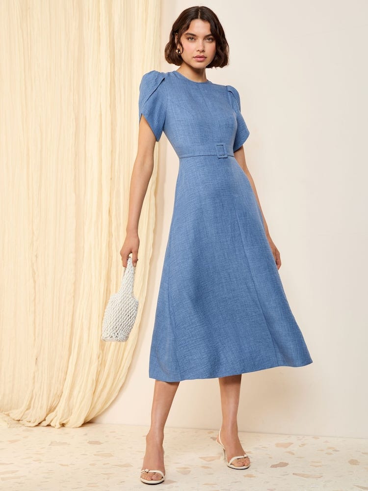 Friends Like These Blue Petal Sleeve Midi A Line Belted Dress