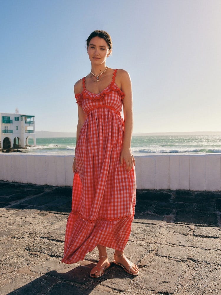 Pink/Red 100% cotton gingham maxi dress