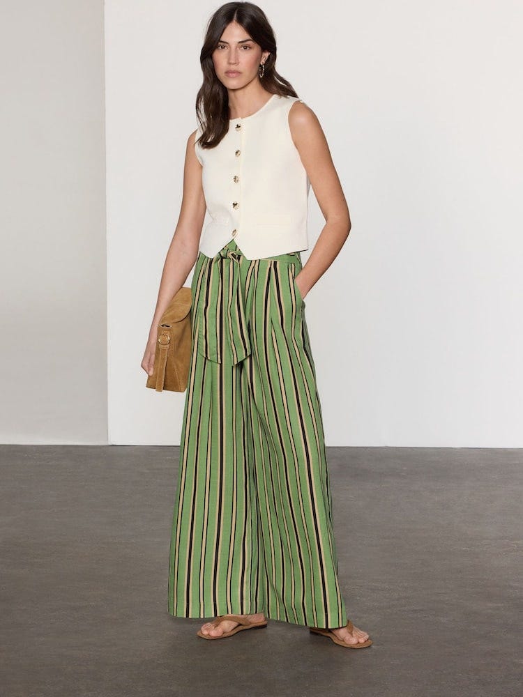 Green stripe wide-leg tie-waist trousers 