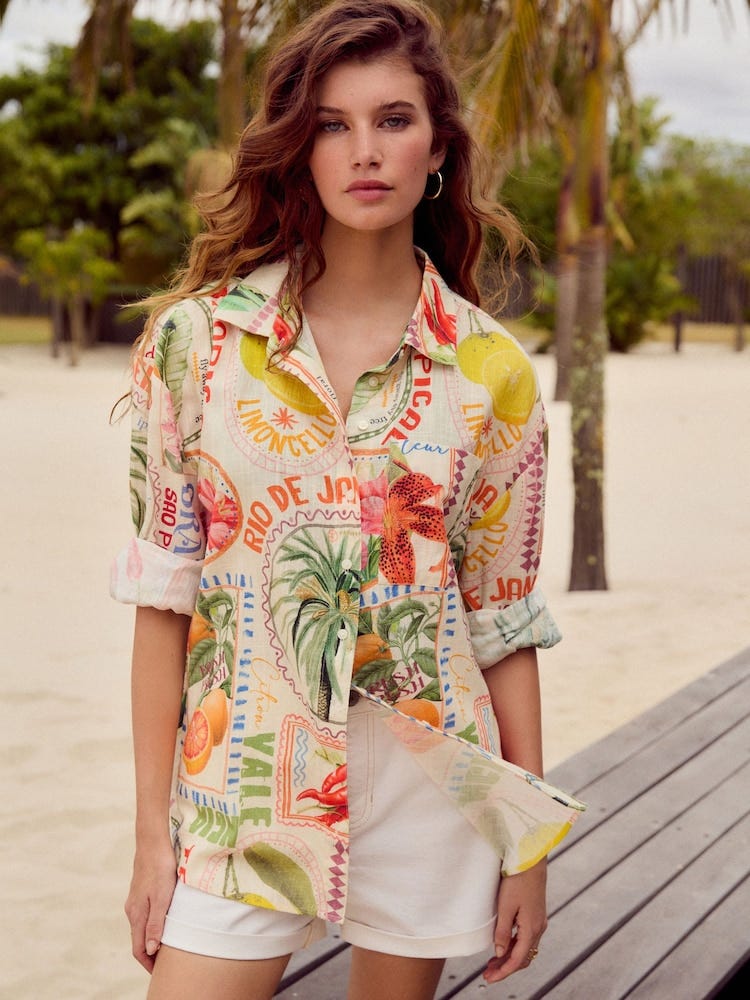 Postcard print linen mix shirt 