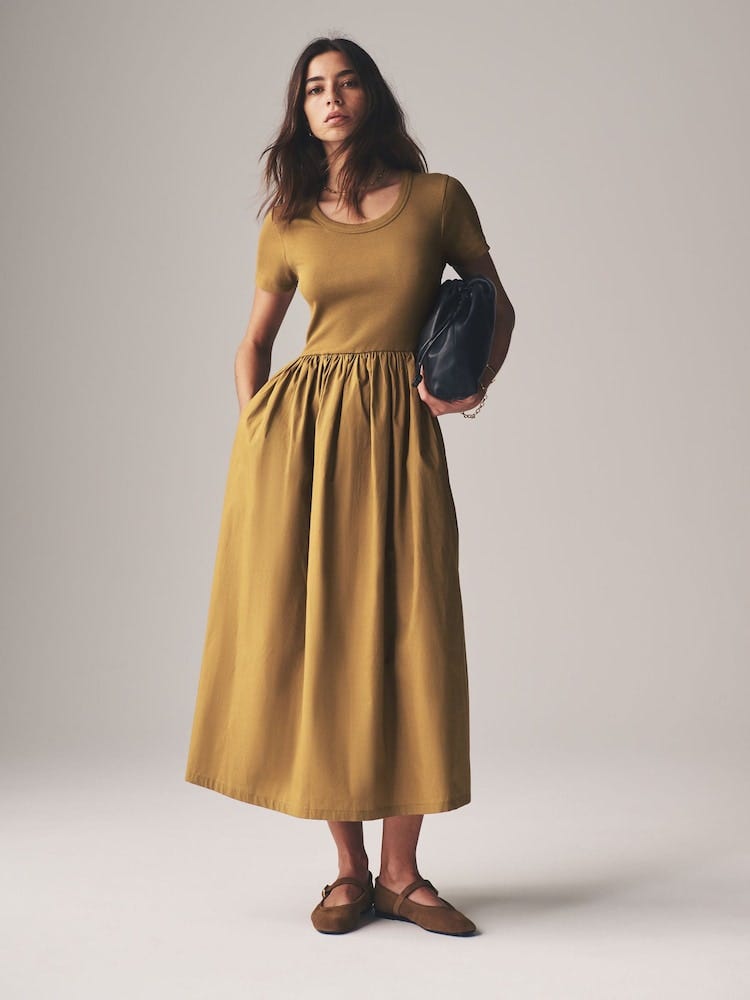 2-pack short-sleeve cotton midi dress (one black and one gold)