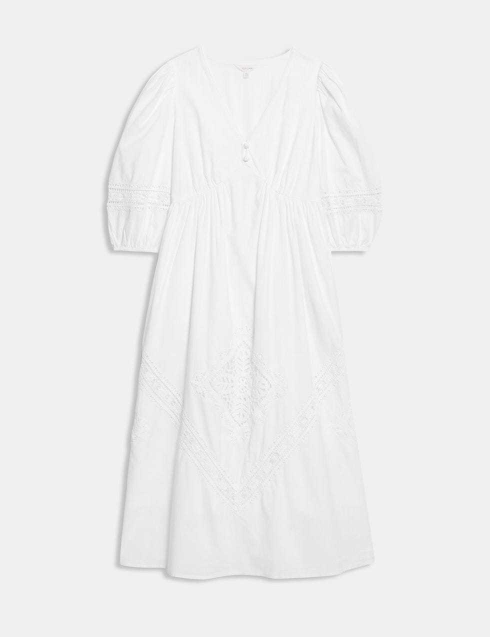 Pure Cotton V-Neck Crochet Detail Midaxi Waisted Dress