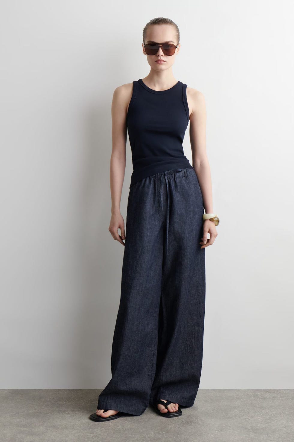 Denim Wide Leg Drawstring Trousers