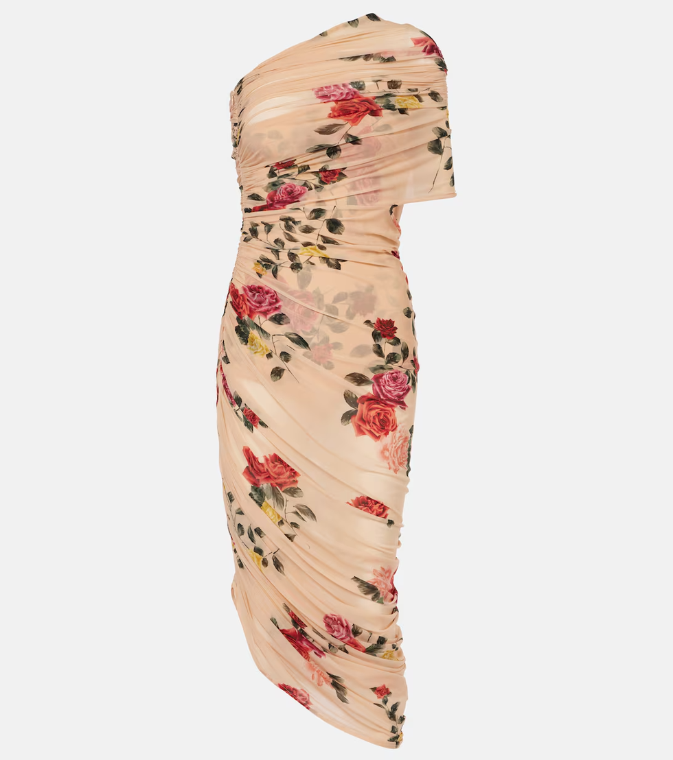 Floral Draped One-Shoulder Midi Dress