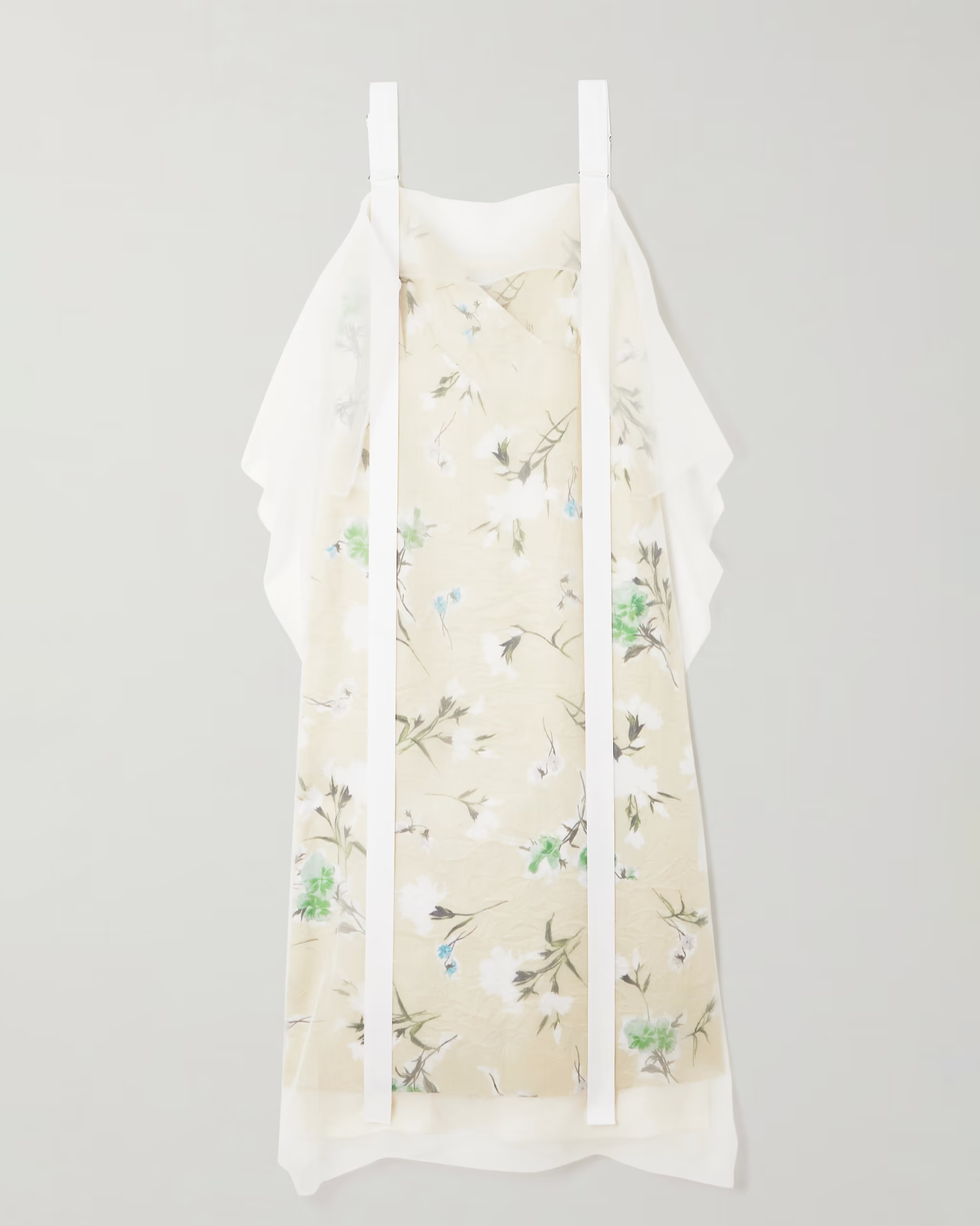 Organza-Trimmed Floral-Print Satin-Twill Midi Dress