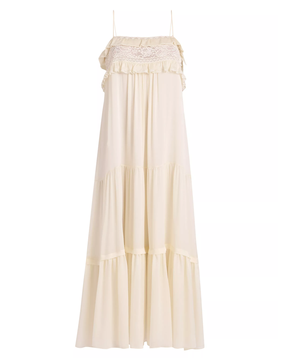 Lace-Trimmed Silk Tiered Slipdress