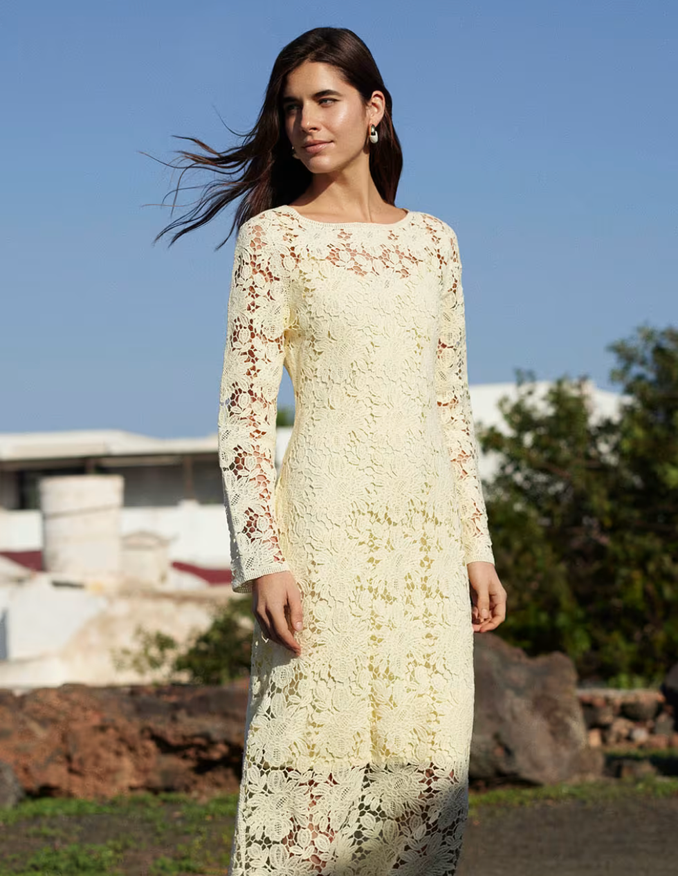 Cream Floral Crochet Knit Dress