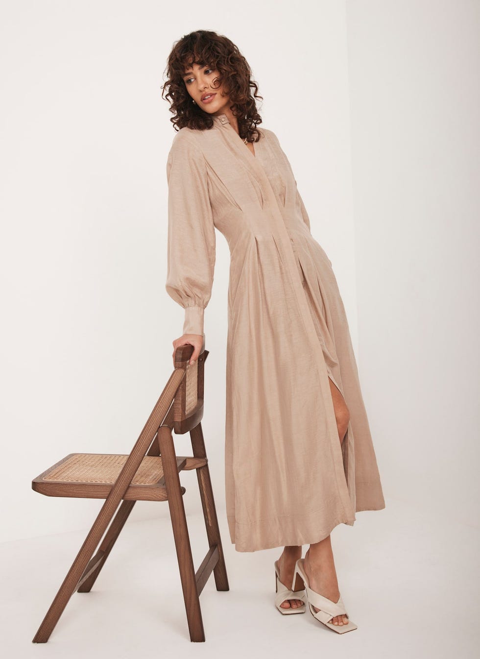 Beige Pleated Midi Shirt Dress