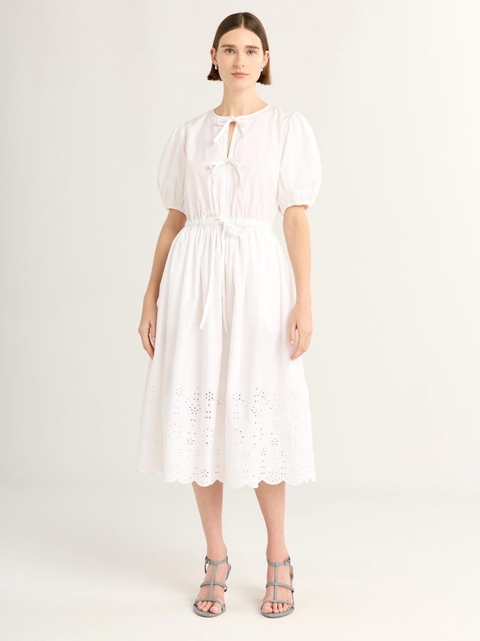 Tie Front Cotton Eyelet Midi Dress with Short Puff Sleeves