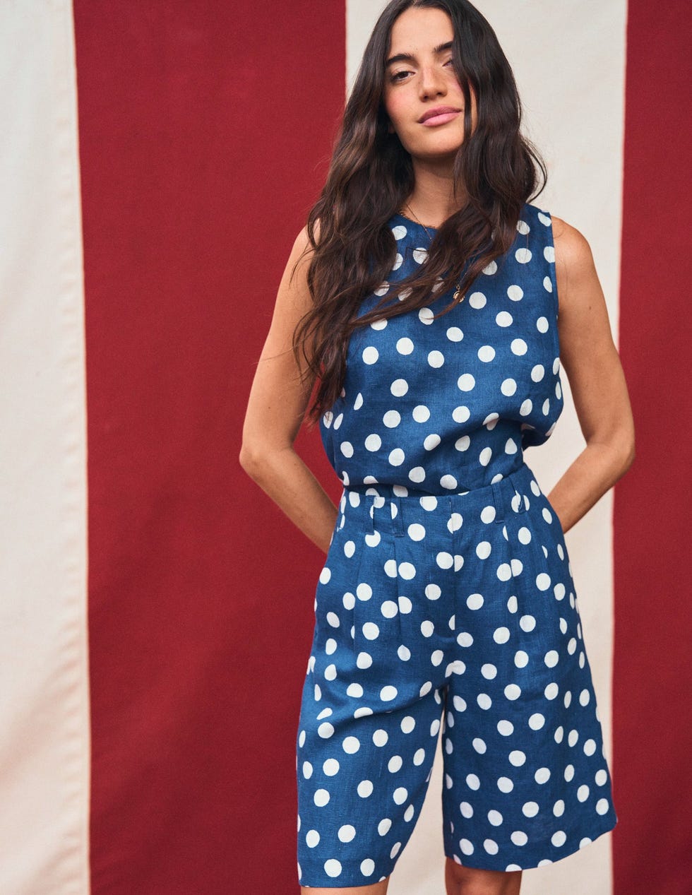 Pleat Linen Wide-Leg Shorts in Navy Painted Dot