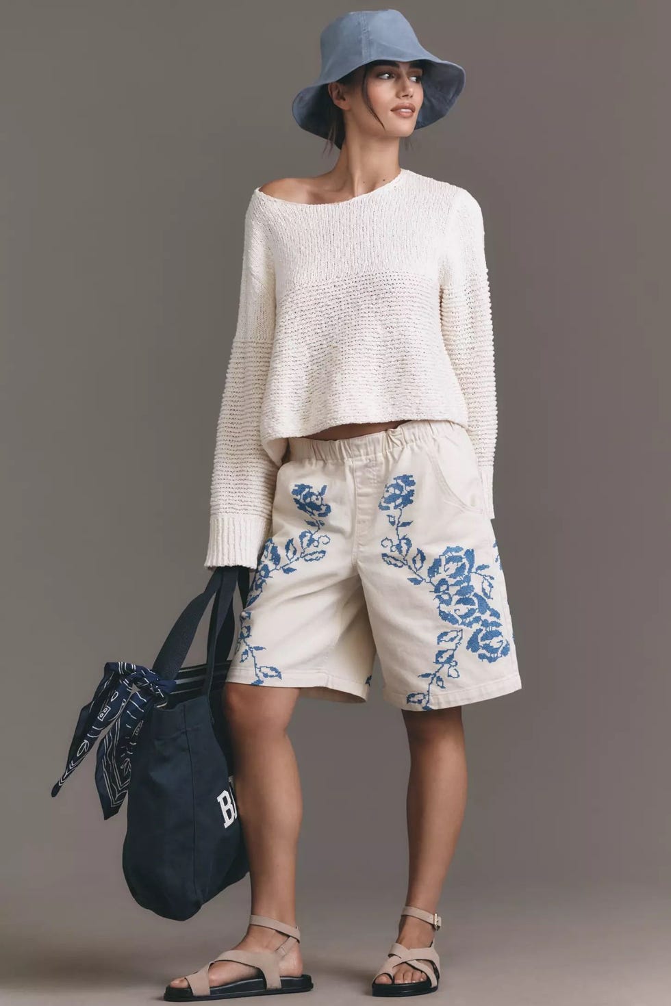 Embroidered Pull-On Bermuda Shorts