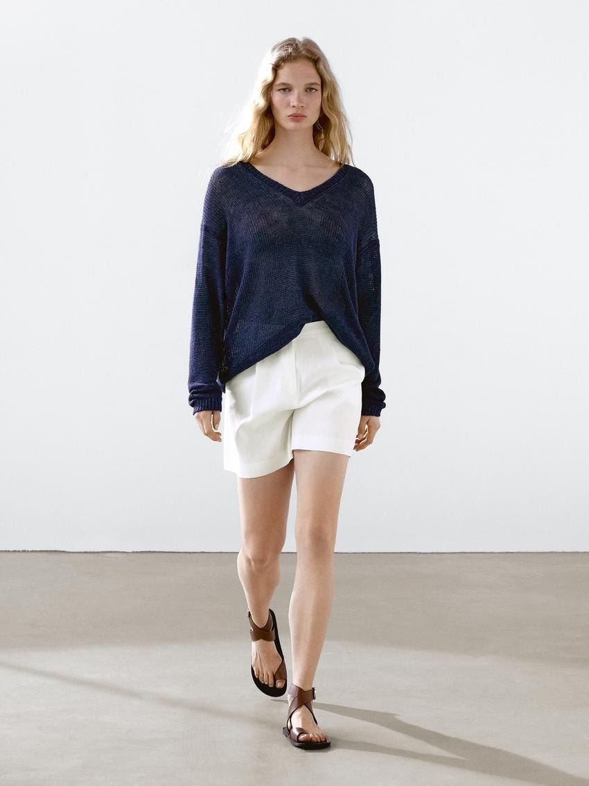 Linen Blend Darted Waist Bermuda Shorts