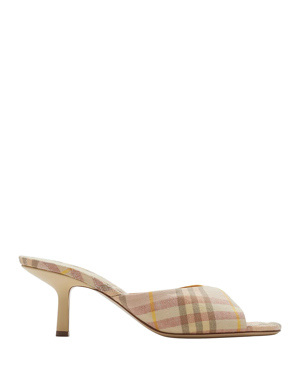 Check Linen Blend Mews Mules