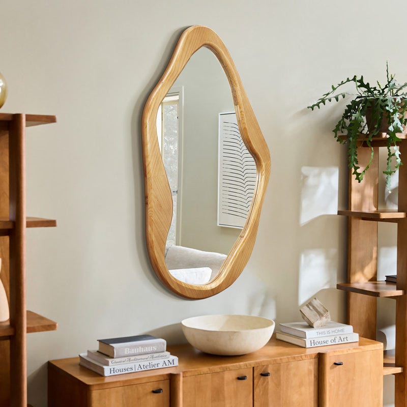 Asymmetrical Natural Pine Wood Frame Free Form Wall Mirror