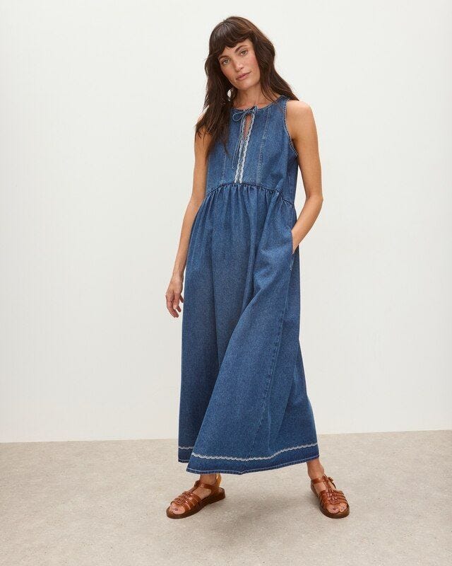 Denim Scallop-Stitch Sleeveless Midi Dress