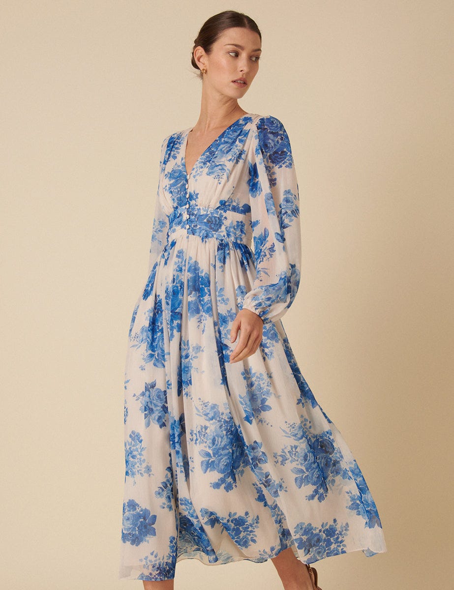 Blue Watercolour Floral Anya Midi Dress