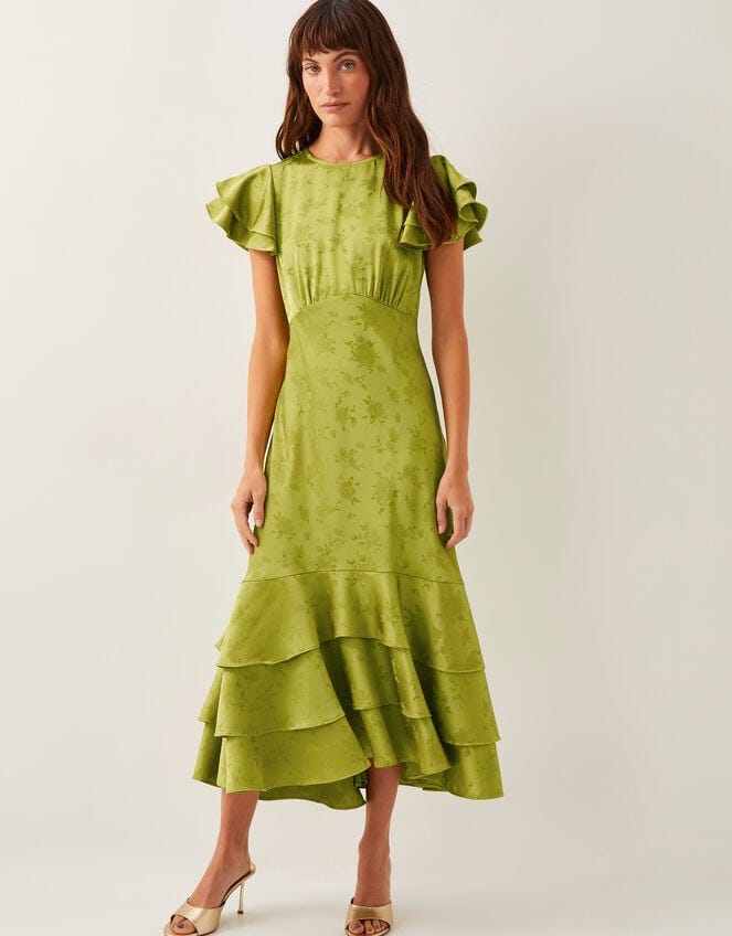 Ester Satin Ruffle Midi Dress in Green