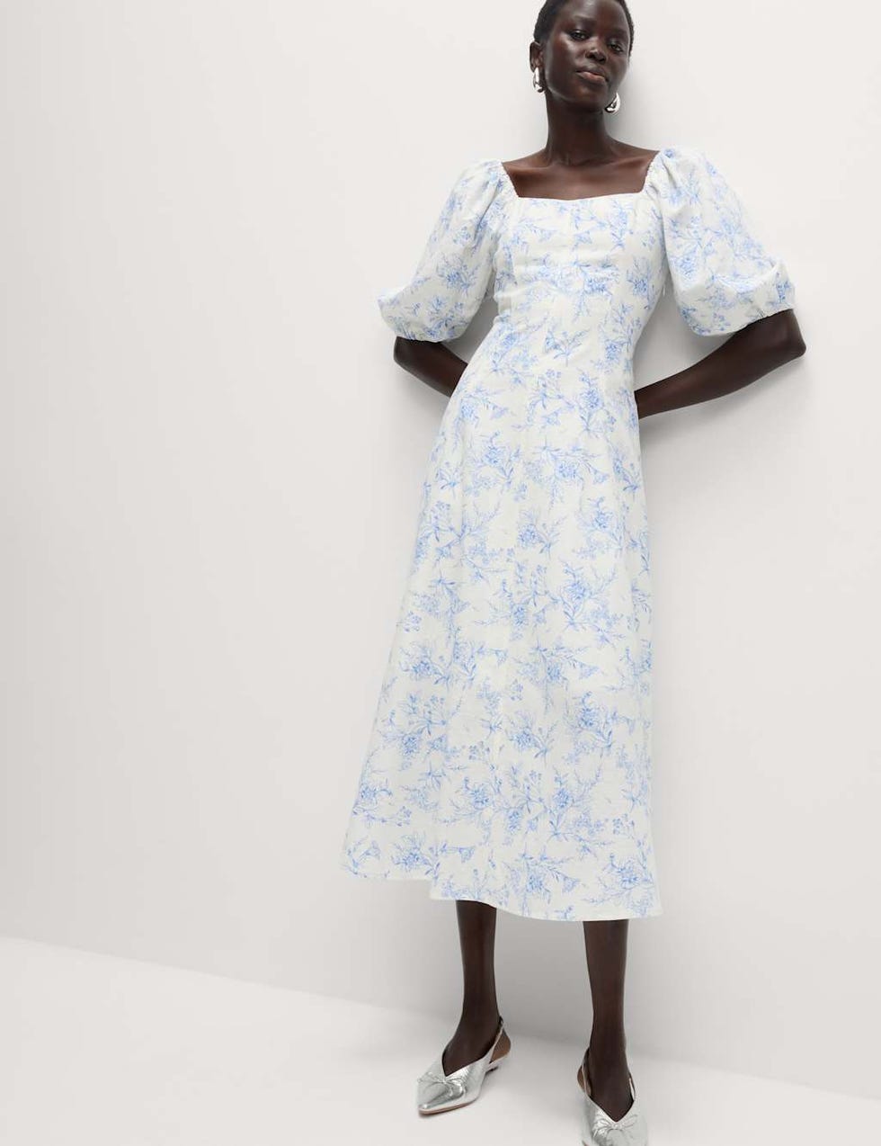 Linen-Rich Printed Square-Neck Midaxi Dress