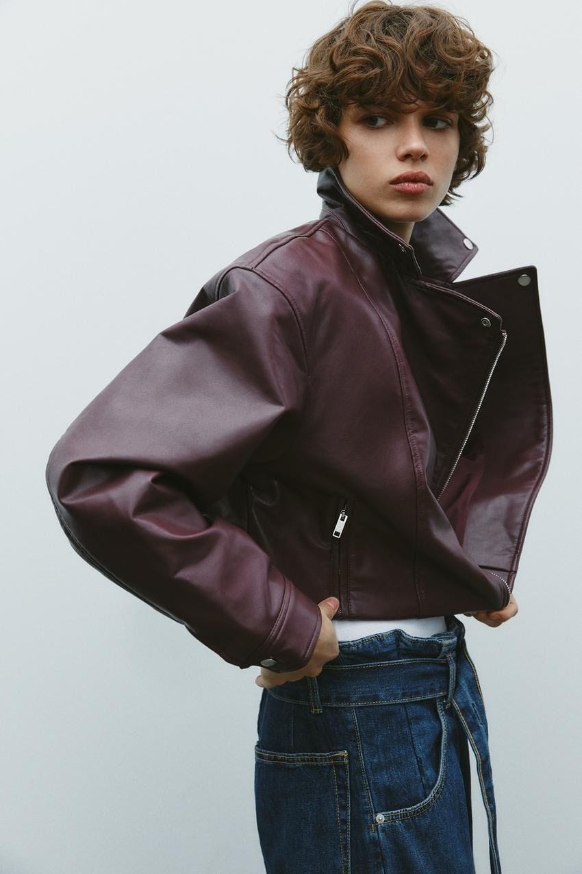 Leather Effect Cropped Biker Jacket