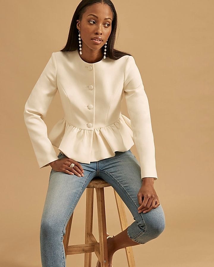 White Peplum Button Front Jacket