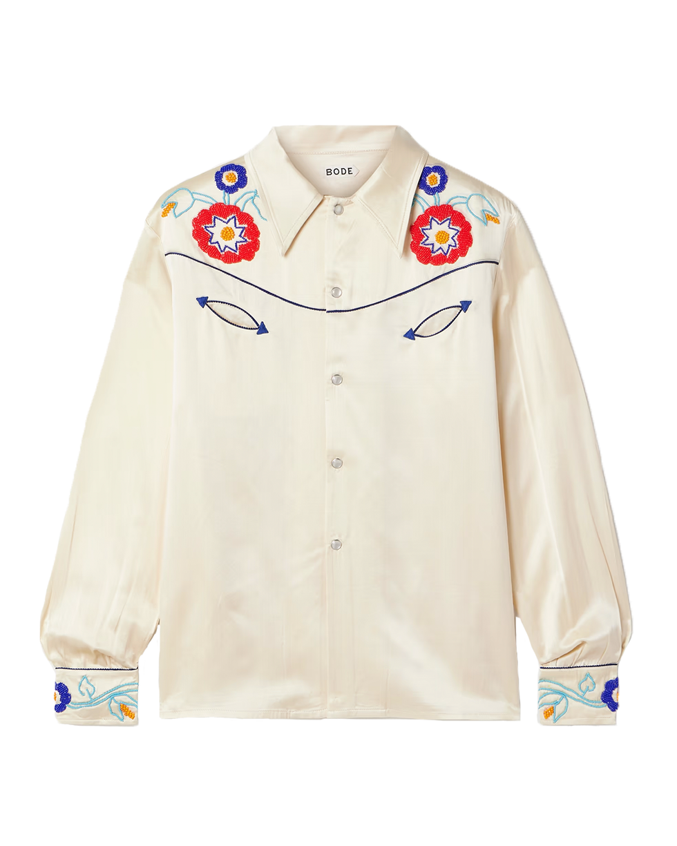 Garden Party Embroidered Silk-Satin Shirt