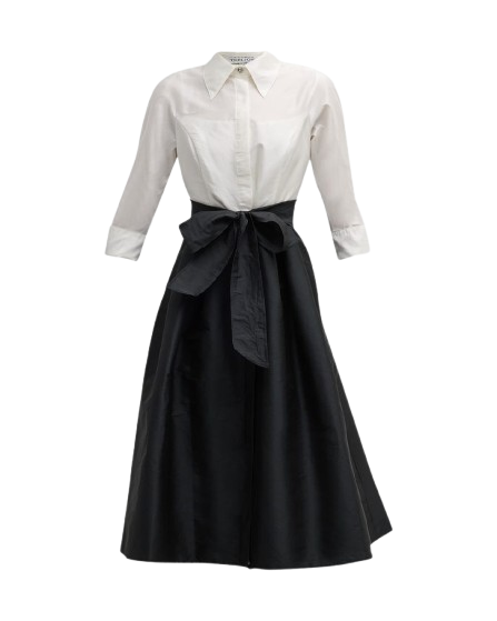 Two-Tone 3/4-Sleeve Taffeta Shirtdress