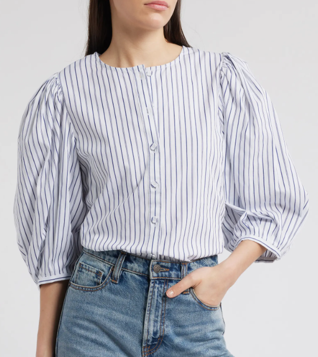 Puff-Sleeve Button-Up Top