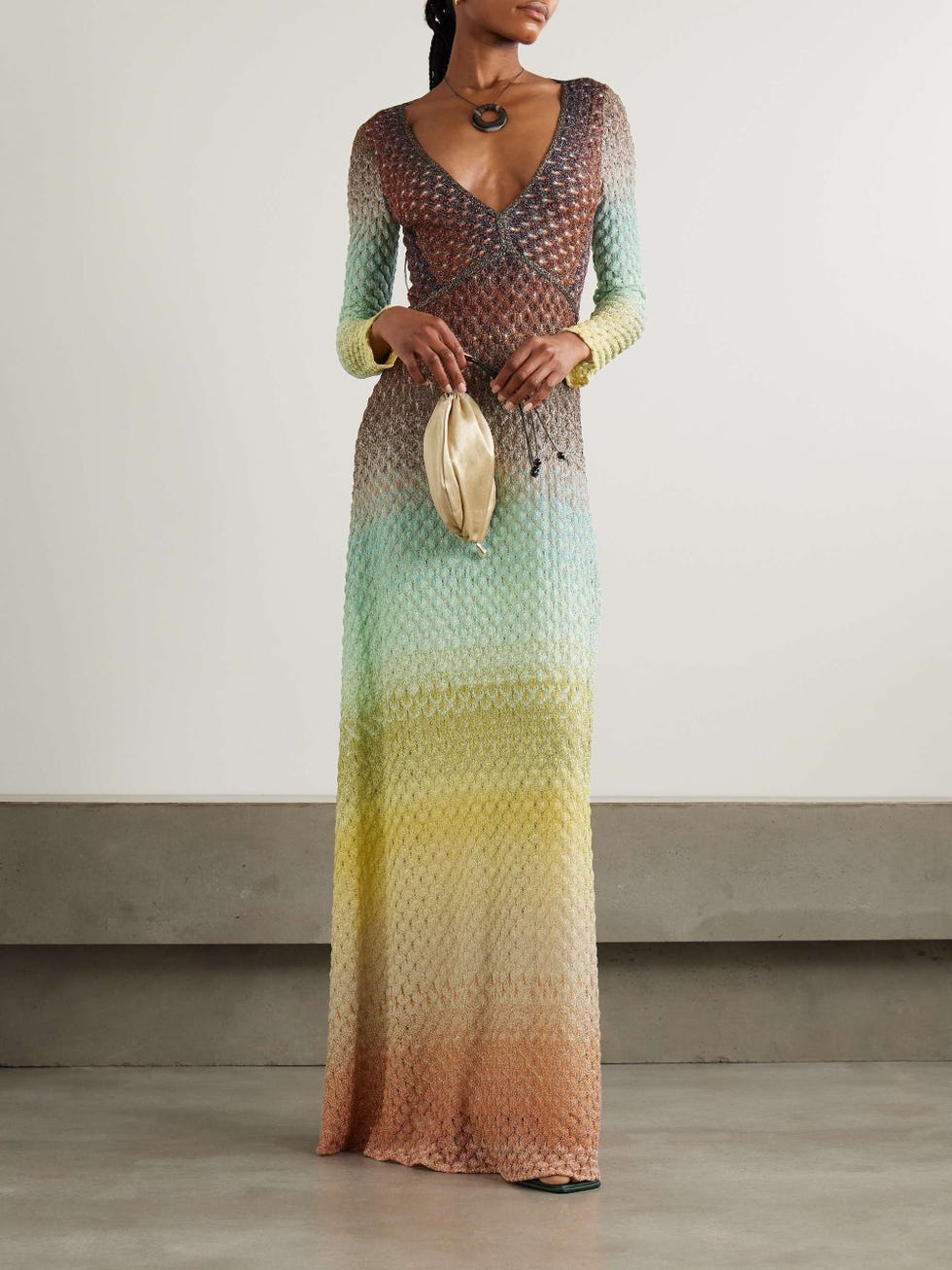 Vestido maxi em malha de crochê metálico Dégradé