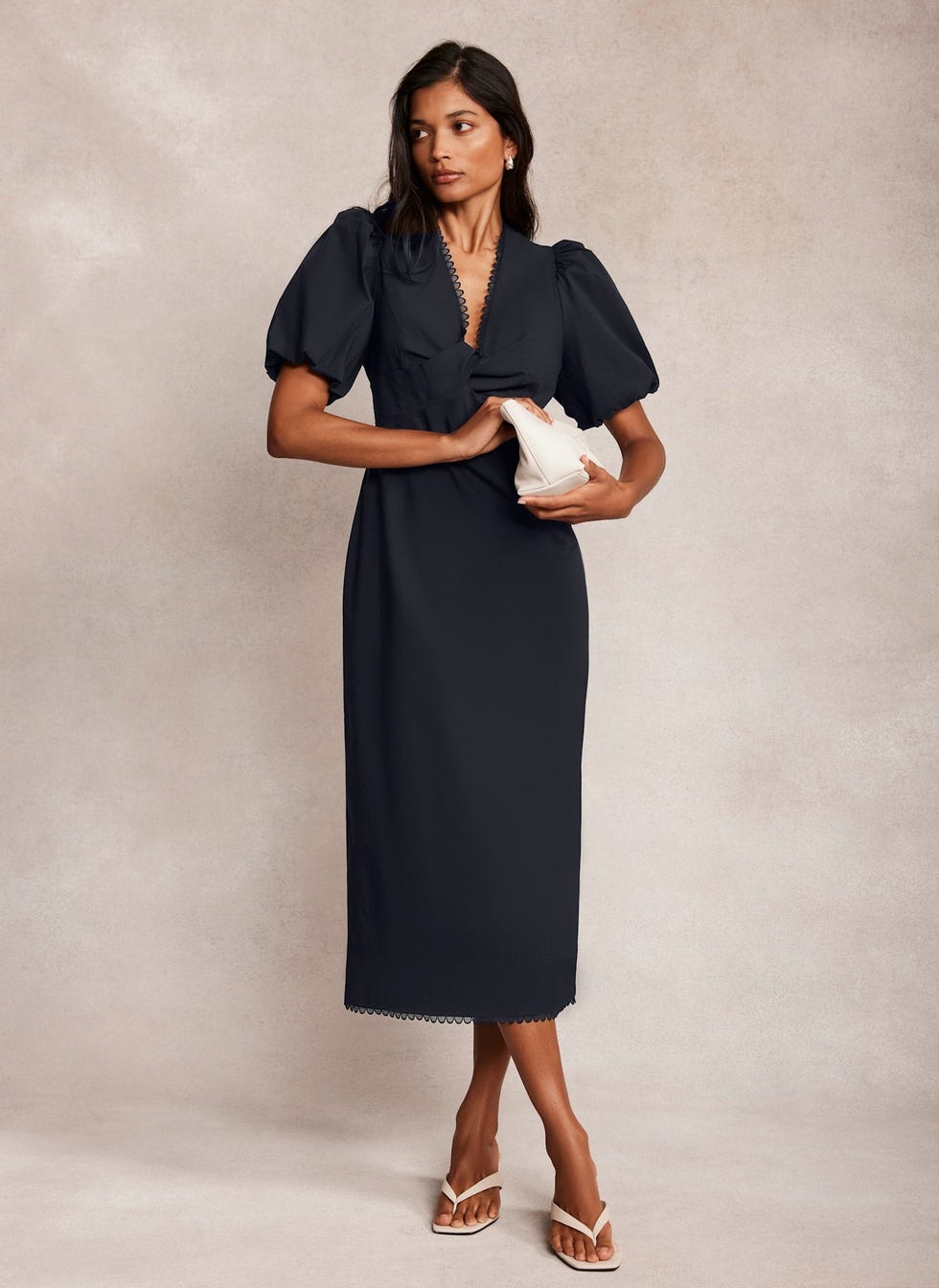 Navy Puff Sleeve Midi Dress