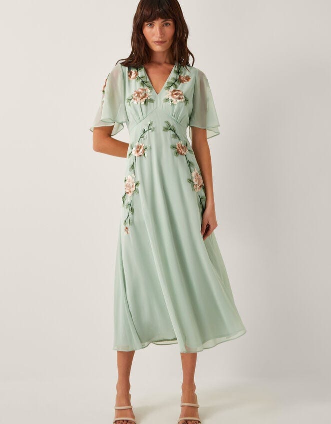 Cora Embellished Floral Midi Dress Green