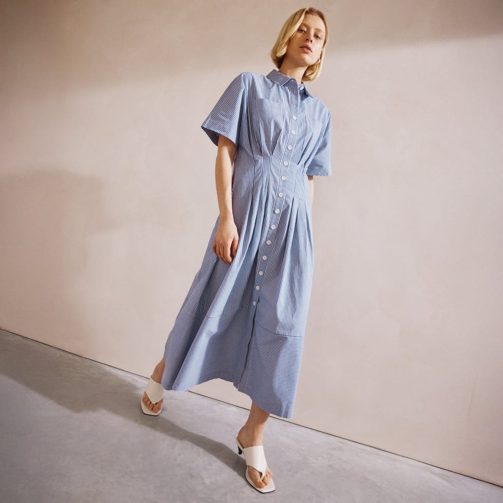 Blue Ticking Stripe Pleat Dress
