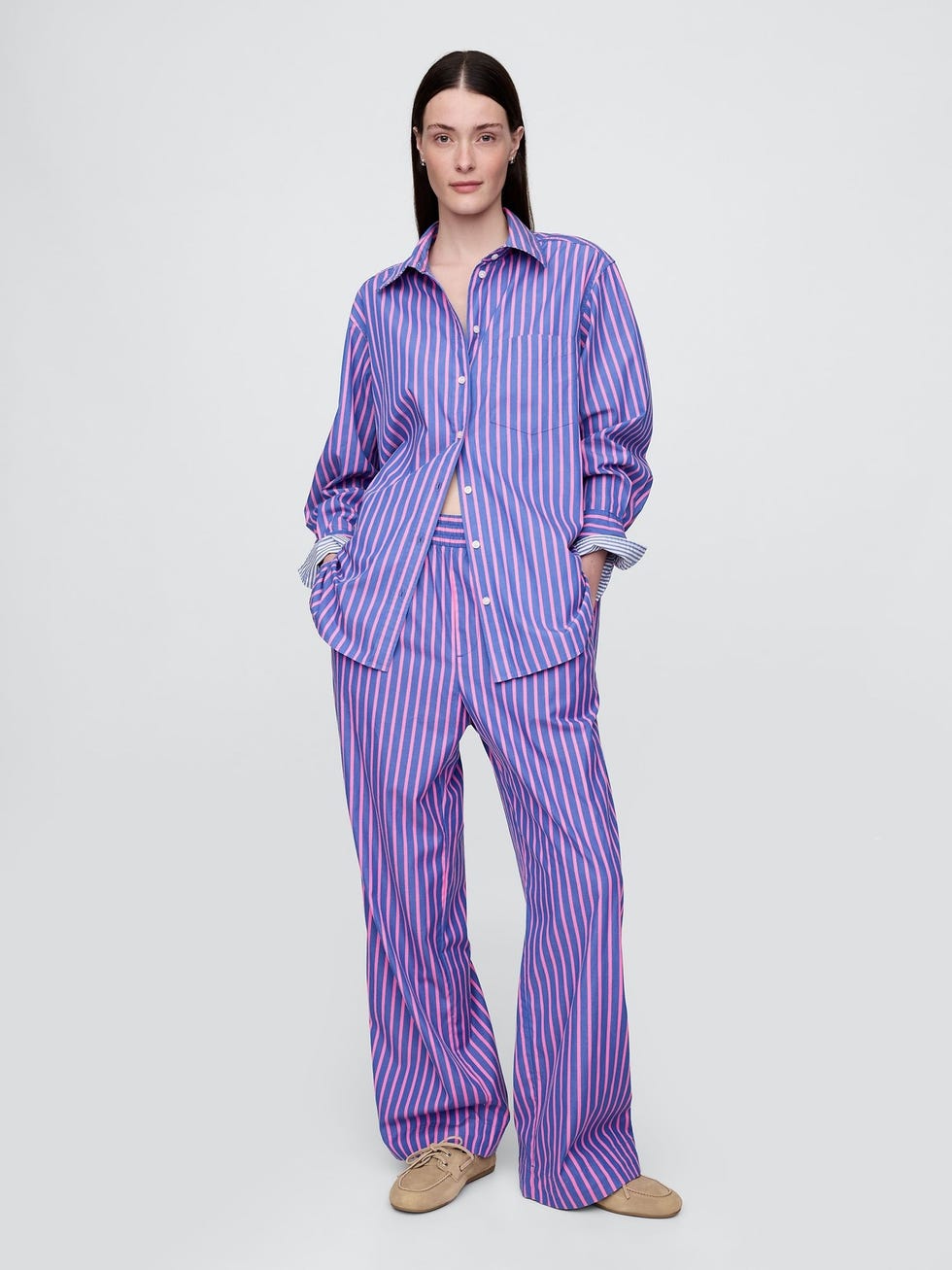 Cotton Poplin Striped Wide-Leg Trousers