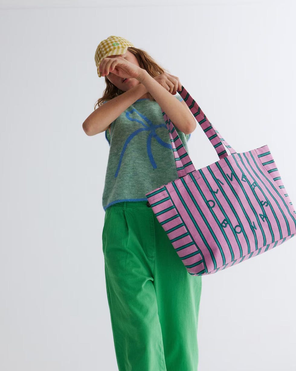 Pink & Green Striped Logo Fabric Tote Shopper Bag