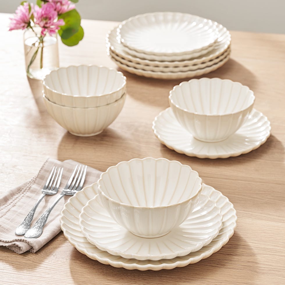 The Pioneer Woman Colette 12-Piece Stoneware Dinnerware Set in Cream