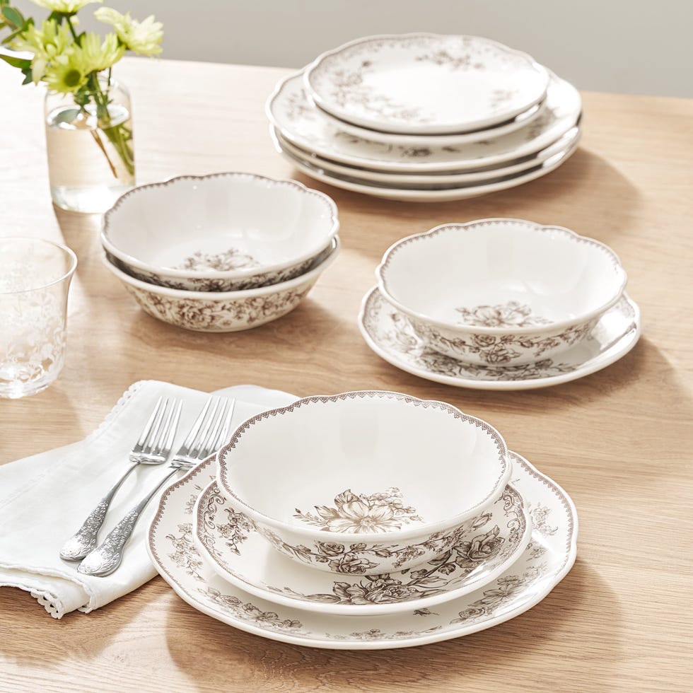 The Pioneer Woman Agatha 12-Piece Stoneware Dinnerware Set in Brown