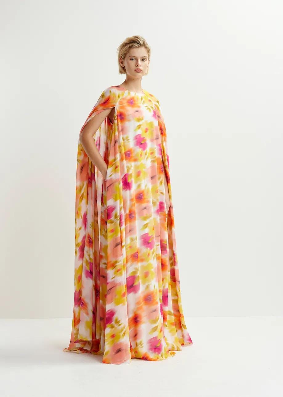 Multicolored Maxi Dress With Cape-like Sleeves