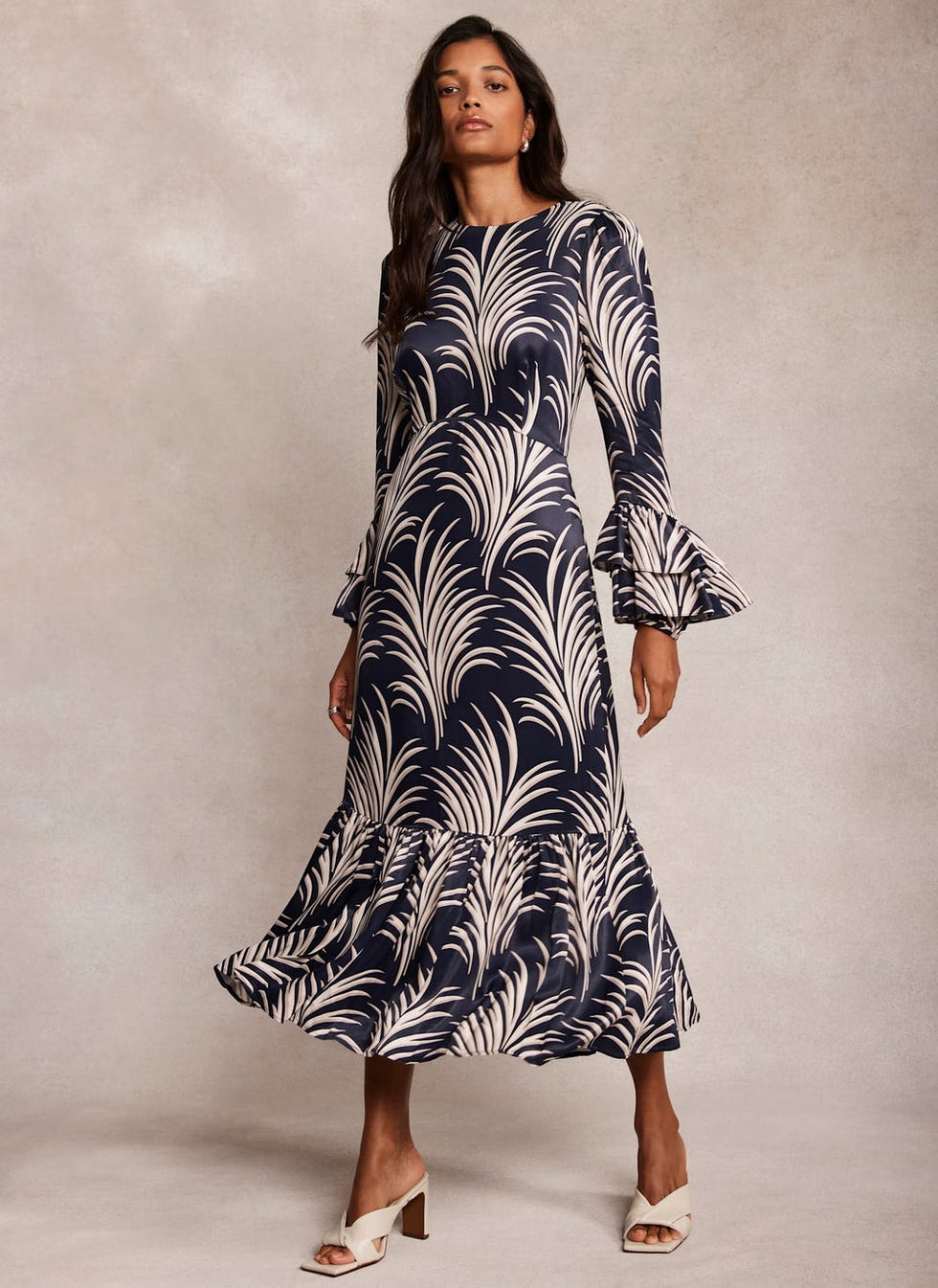Navy Leaf-Print Midi Dress