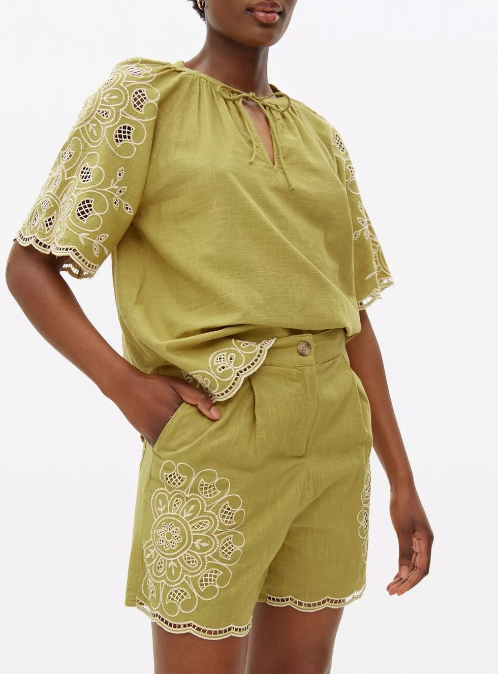Green Cutwork Embroidered Co-ord Shorts