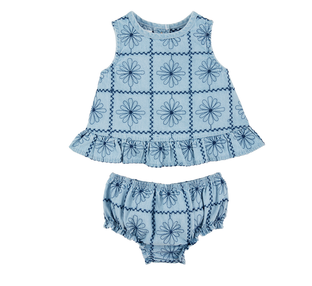 Embroidered Denim Pinafore Set