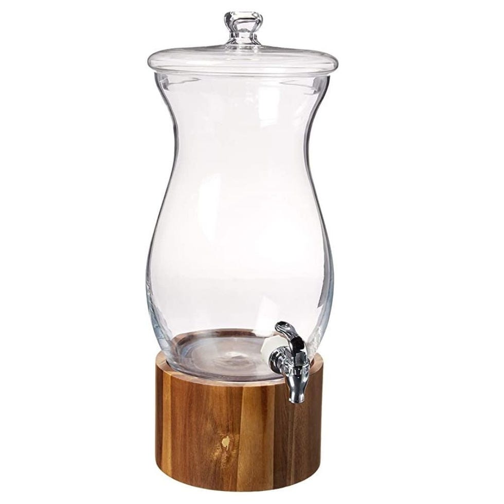 Glass Drink Beverage Dispenser with Spigot and Wood Stand