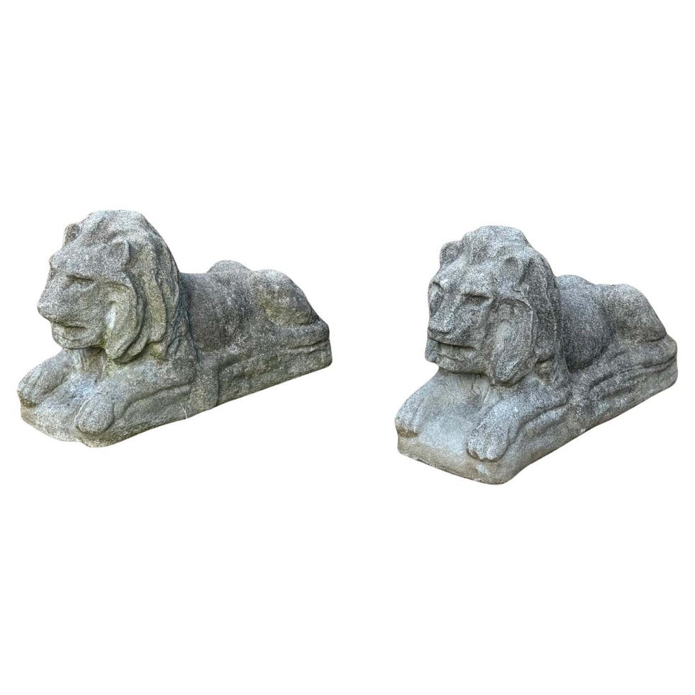 Antique Pair of Cast Stone Recumbent Entrance Way or Garden Lions Statues