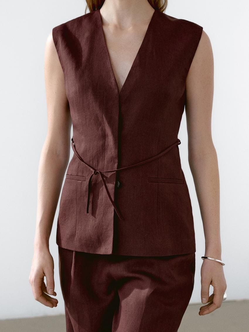 Long 100% linen waistcoat with ribbons
