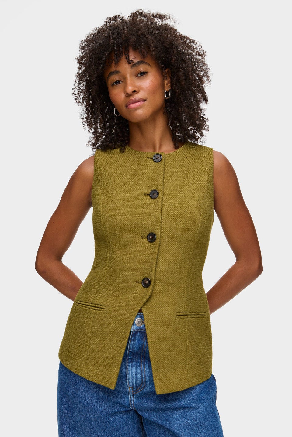 Leo long boucle waistcoat with adjustable back buckle