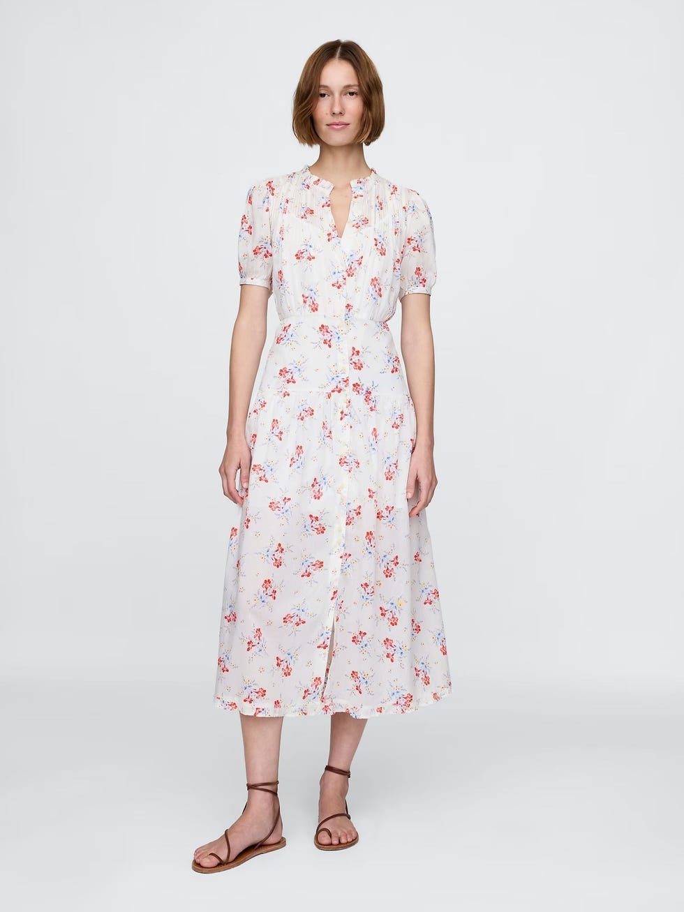 White DÔEN Pintuck Floral Midi Dress