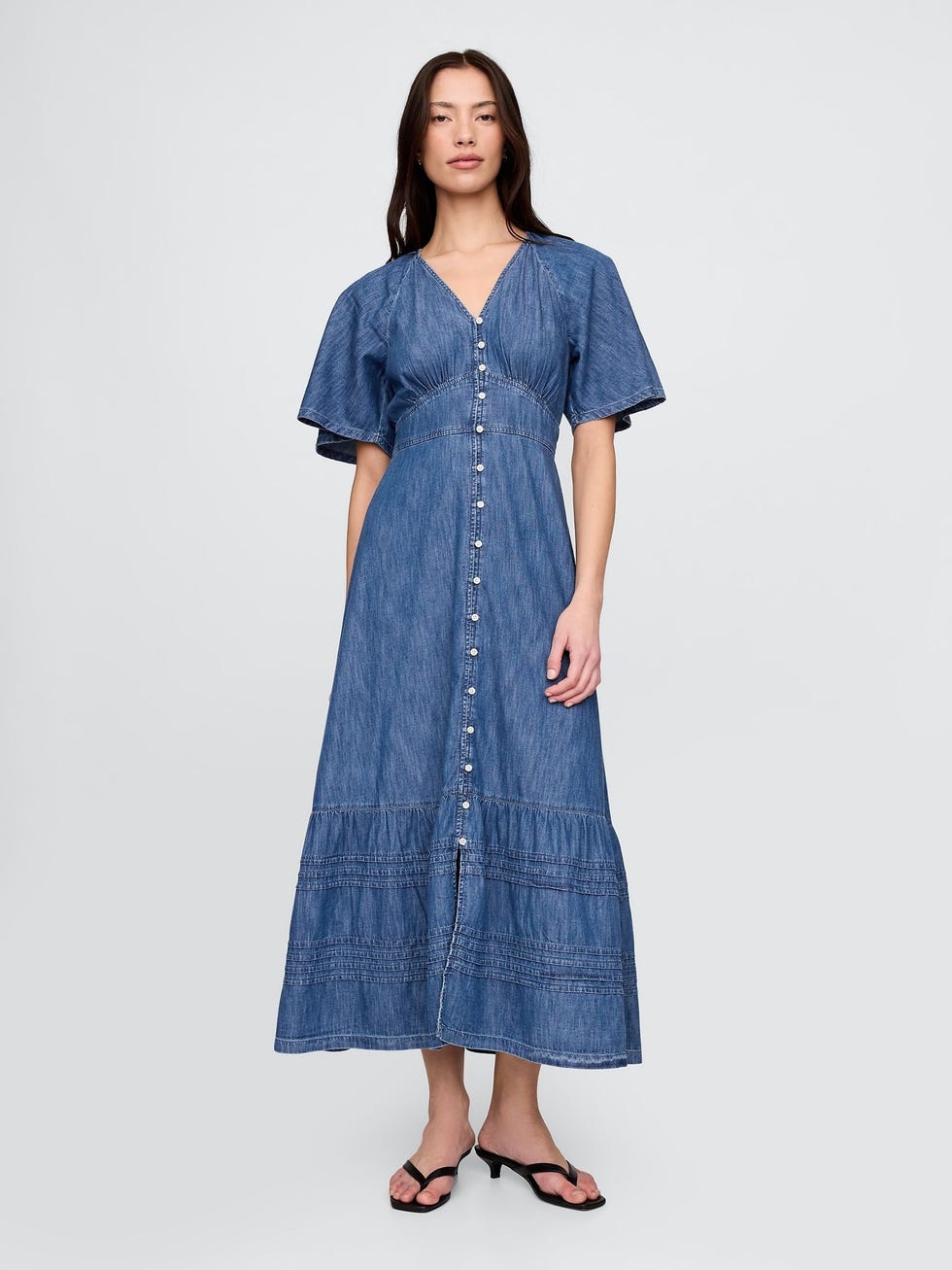 Blue Cotton Flutter-Sleeve Tiered Denim Maxi Summer Dress