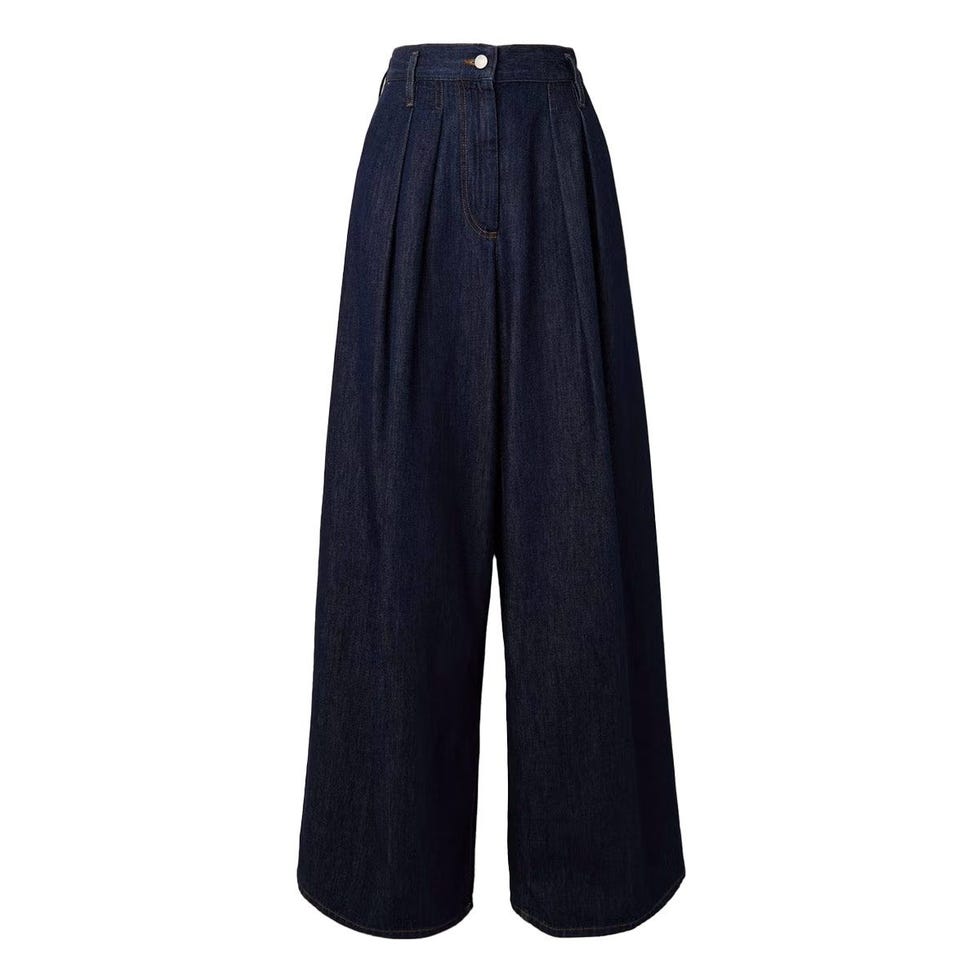Pleated Denim Wide-Leg Pants